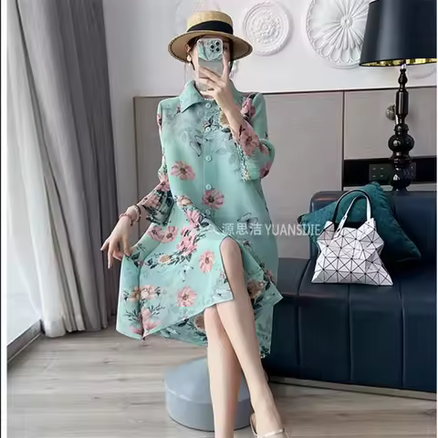 Womens Dresses Evening Dresses Fashion Holiday Style Printed Dress Spring/Summer Flower Folding Long Dress Loose Plus Size Skirt