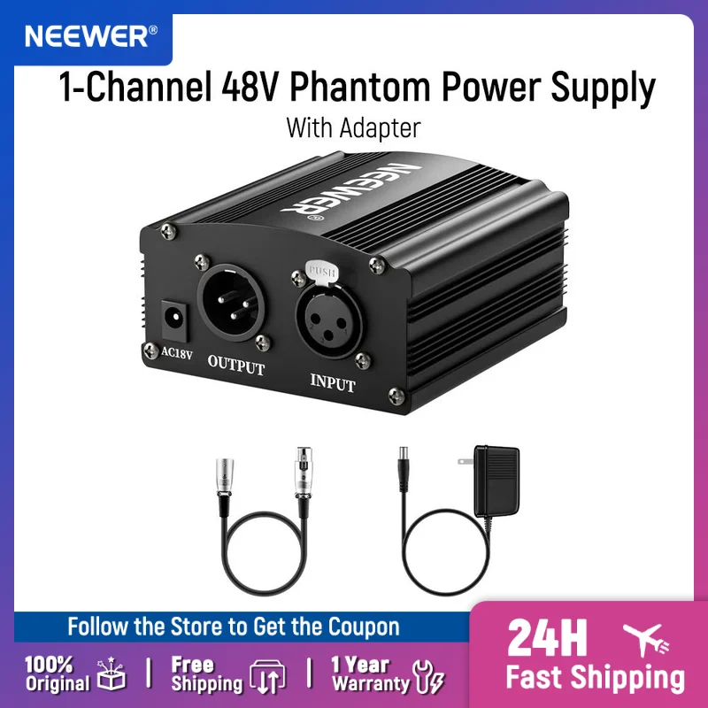 

Neewer 1-Channel 48V Phantom Power Supply with Adapter, BONUS+XLR 3 Pin Microphone Cable for Any Condenser Microphone