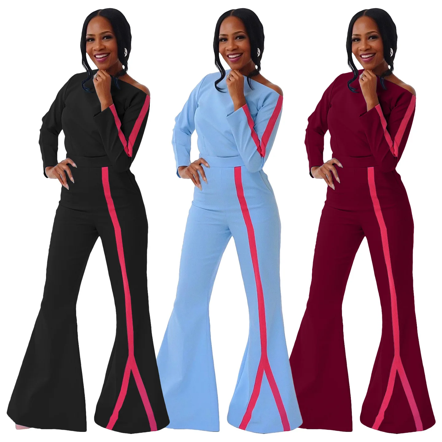 

Fitness Women 2 Piece Set Slash Neck T Shirt Side Striped Flare Pants Matching Set 2023 Fall Winter Casual Workout Tracksuits