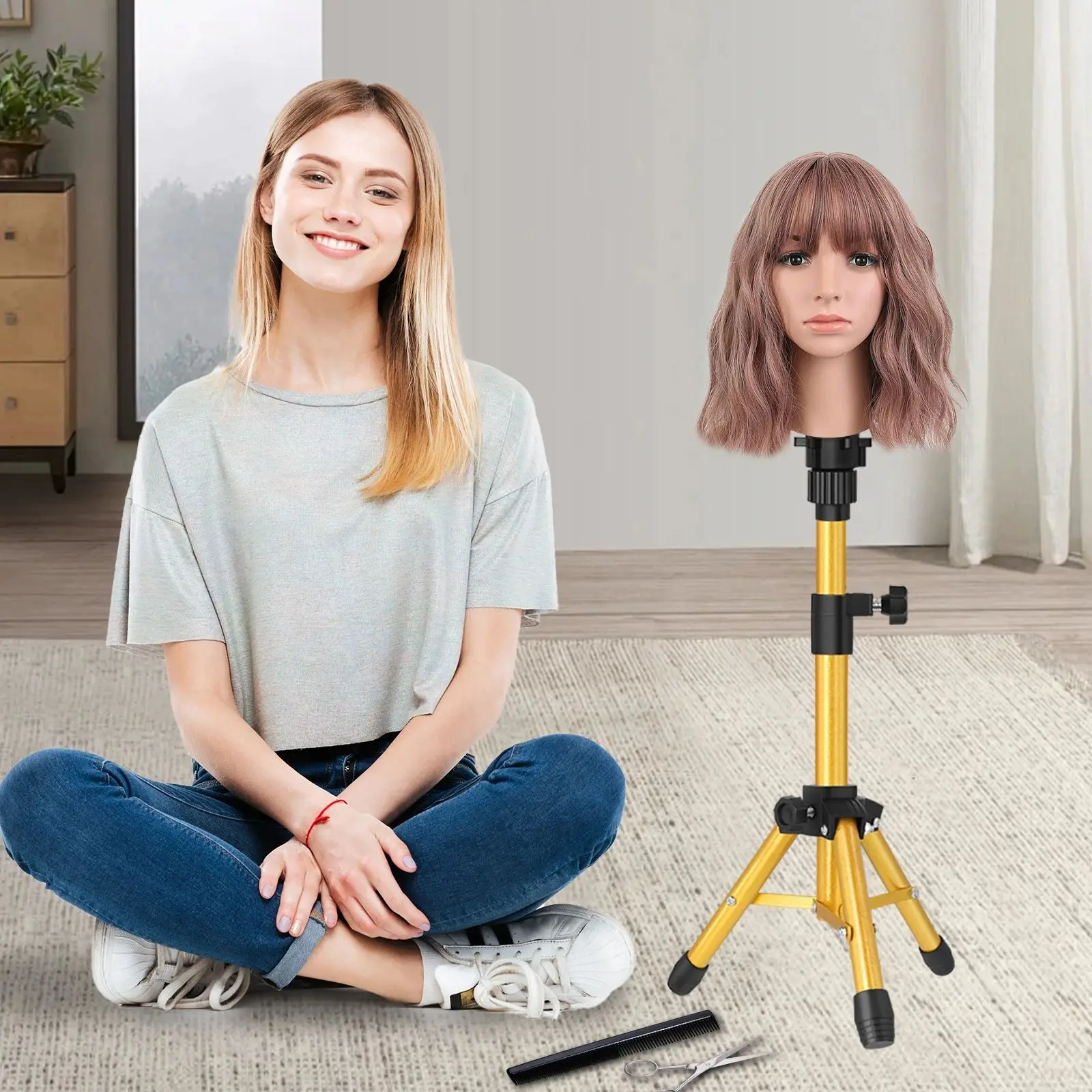 Mini 64cm Wig Stand Tripod With Non-Slip Base Adjustable Mannequin Head Stand Manikin Head Tripod For Hair Extensions Training