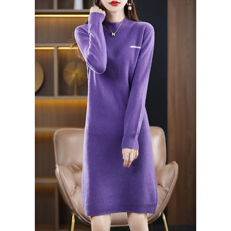 2025 Half Turtleneck Pure Wool Knit Dress Women's Loose Slimming Mid-Length over the KneeAWord Base Skirt