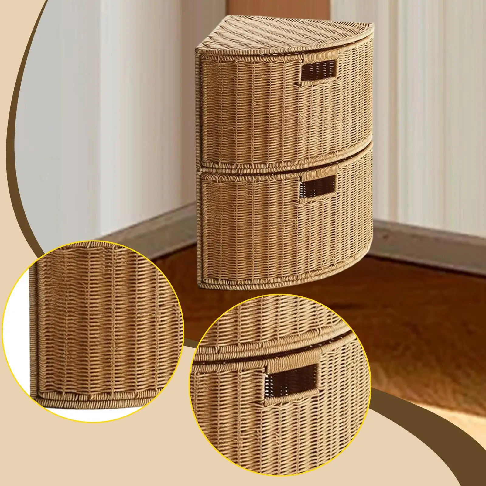 

Triangle Woven Storage Basket with Lid Two Tier Stackable Closet Organizer Plastic Storage Bin for Laundry Room