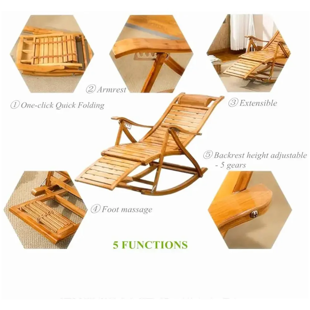 كرسي استلقاء محمول للتشمس مصنوع من الخيزران قابل للطي كرسي أرجوحة خارجي للبالغين #5
