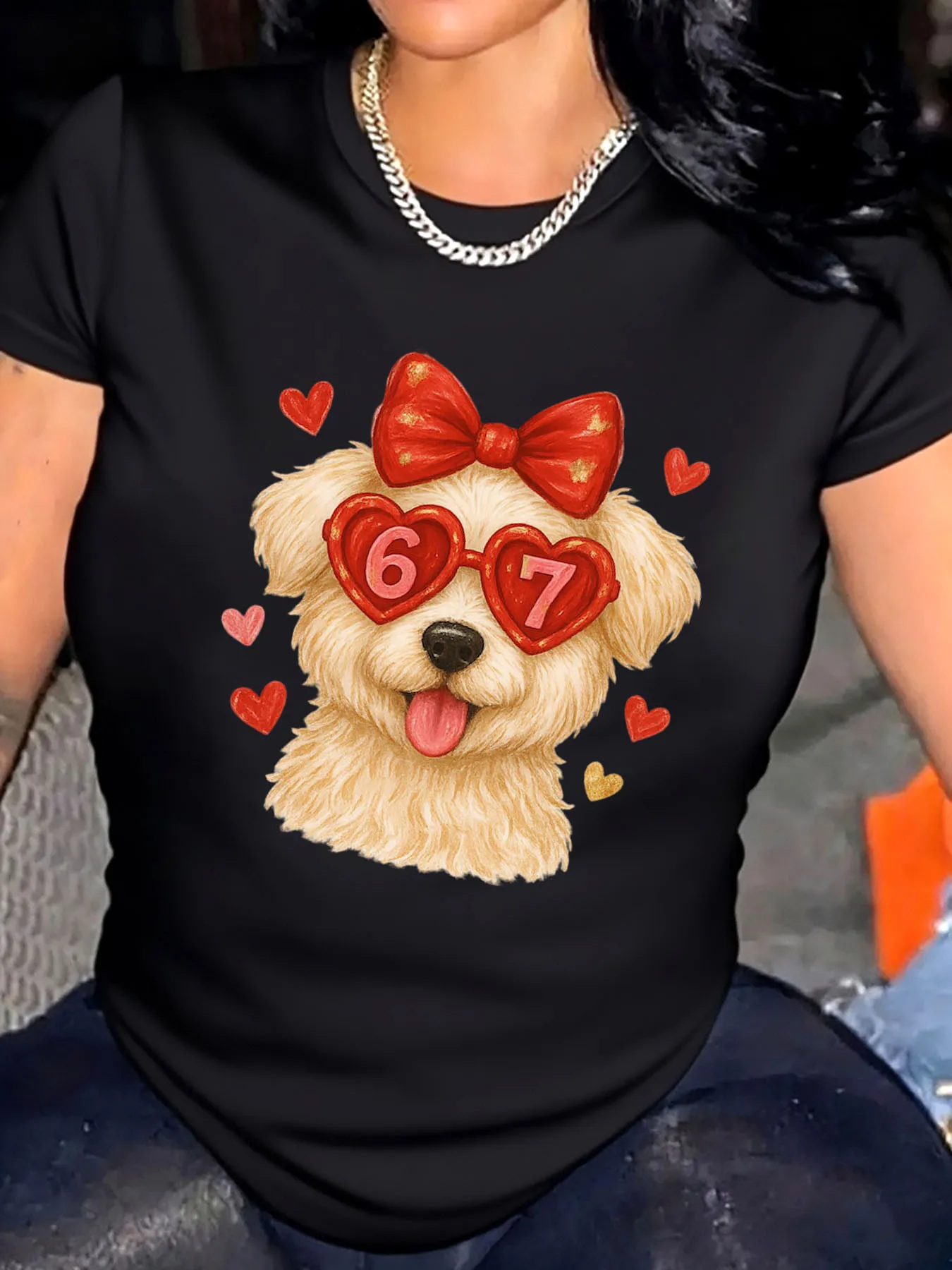 T-shirt grande taille pour femmes, tasse à café en forme de cœur de saint-valentin, imprimé charmant et caféiné, vêtements d'extérieur