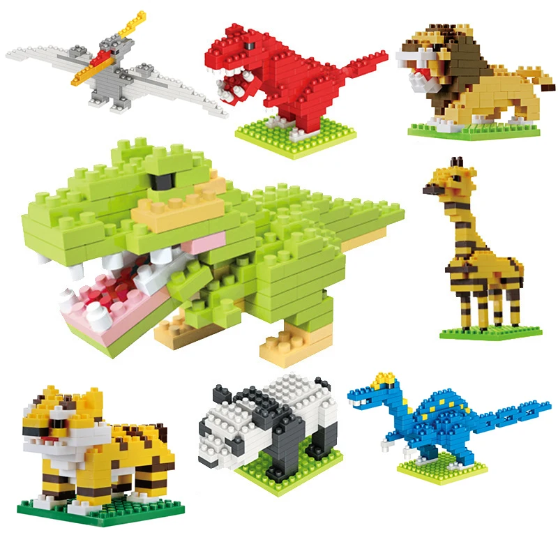 Mini bloques de construcción de diamantes para niños, dinosaurio de dibujos animados, Panda, Tigre, caniche, Animal en miniatura, juguete ensamblado, regalo educativo