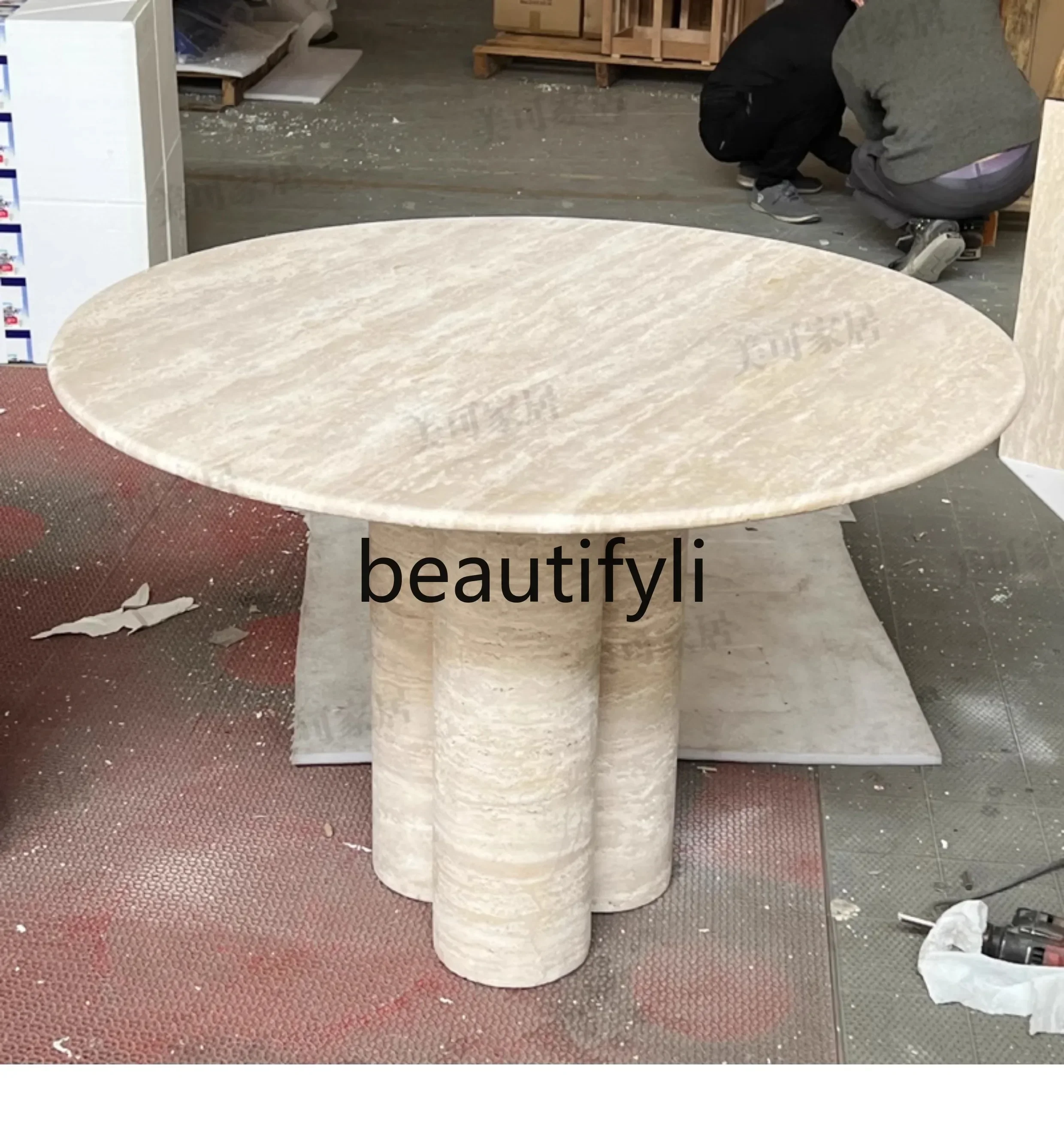 Q181  Nordic cream wind tunnel stone dining table round marble small apartment household light luxury living room French  round