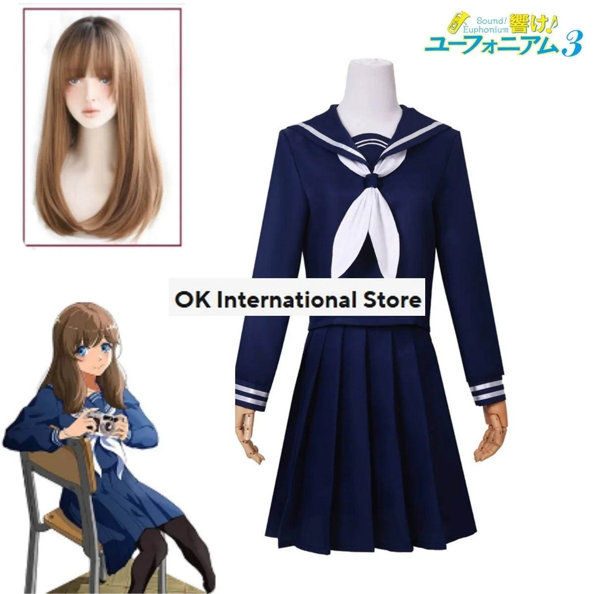 Mayu Kuroe Cosplay Costume Wig Blue Skirt Sailor Suit Anime Sound! Euphonium 3 High School Girl's Uniform Halloween Clothing Set