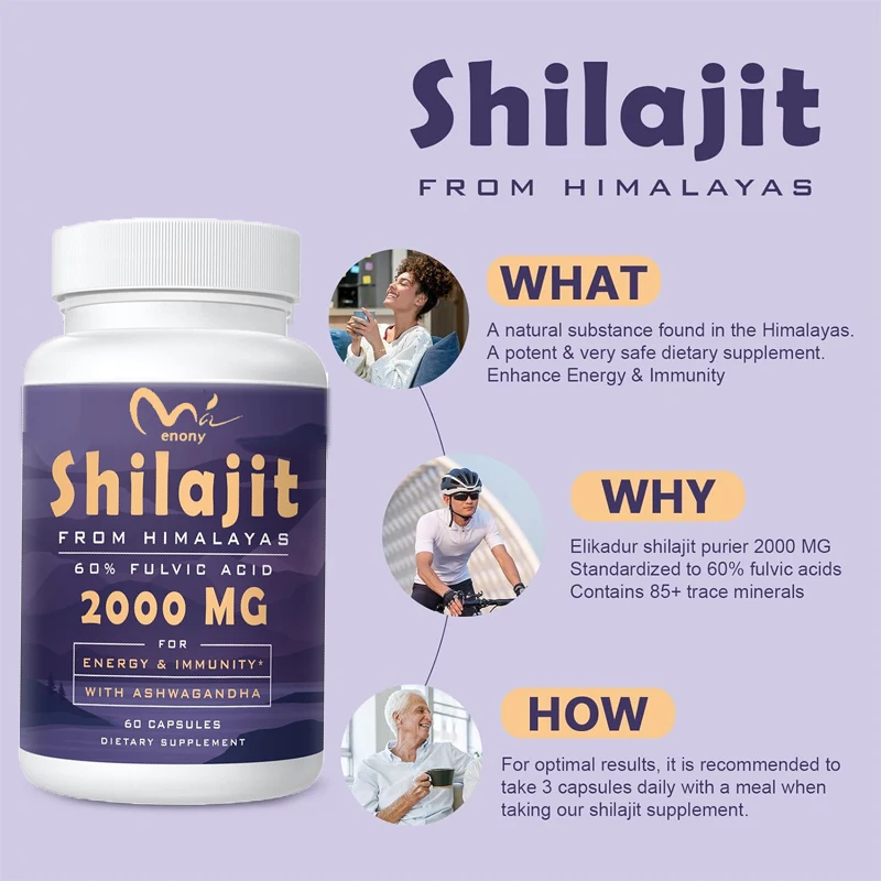 Natural Shilajit Supplement contains over 85 trace minerals and 60% fulvic acid, enhancing energy and immunity. 60 capsules