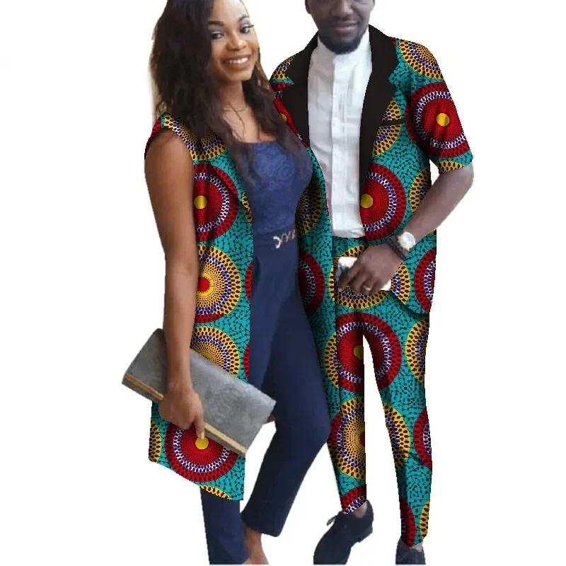 African Couple Clothes Woman Long Vest and Man Suit Set African Print Cotton Couples Matching Clothing for Lover WYQ153