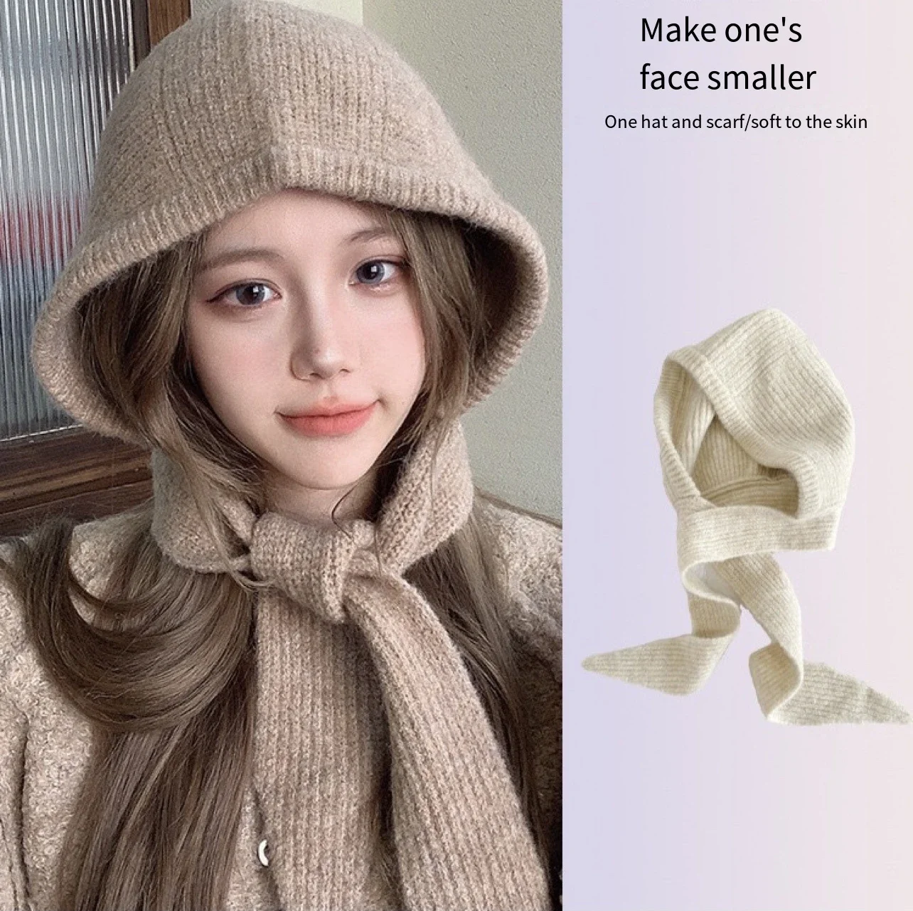 Korea Cute Women\'s Knitted Hood Scarf Little Red Hat Warm Ear Protection Cold Windproof Cap Winter Fashion Woolen Pullover Hat