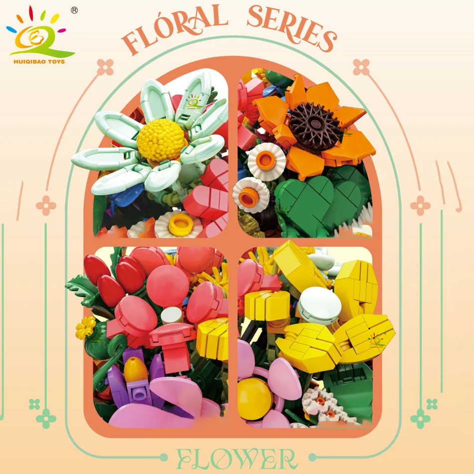 HUIQIBAO Moc Flower Insect Model Building Block Fly Bee Bouquet Plant Decoration City Construction Toy Kids Adult Romantic Gift