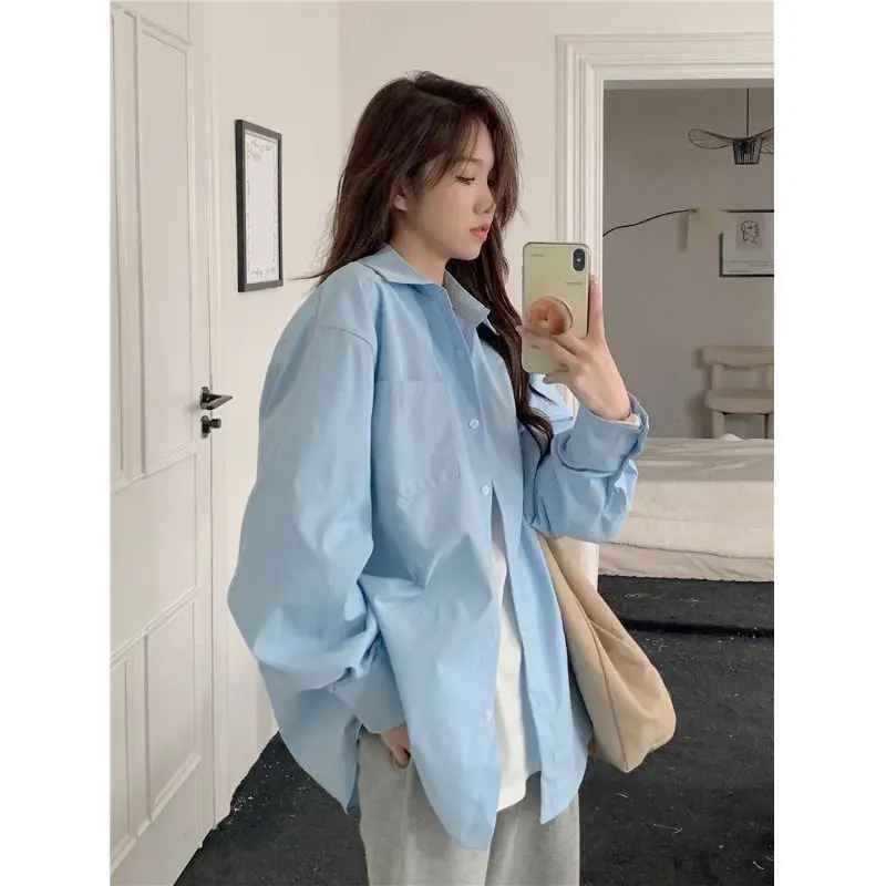 Blue Shirt Tops Women\'s Spring New Loose Long Sleeve Casual Simplicity All-match Thin Korean Blouse High Street Fashion Clothing