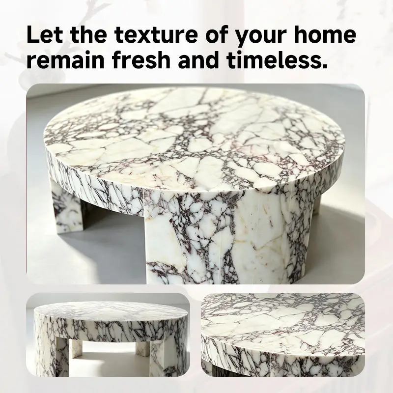 Luxury Round Calacatta Viola Marble Coffee Table Modern Natural Stone Living Room Center Table Curved Marble Supports