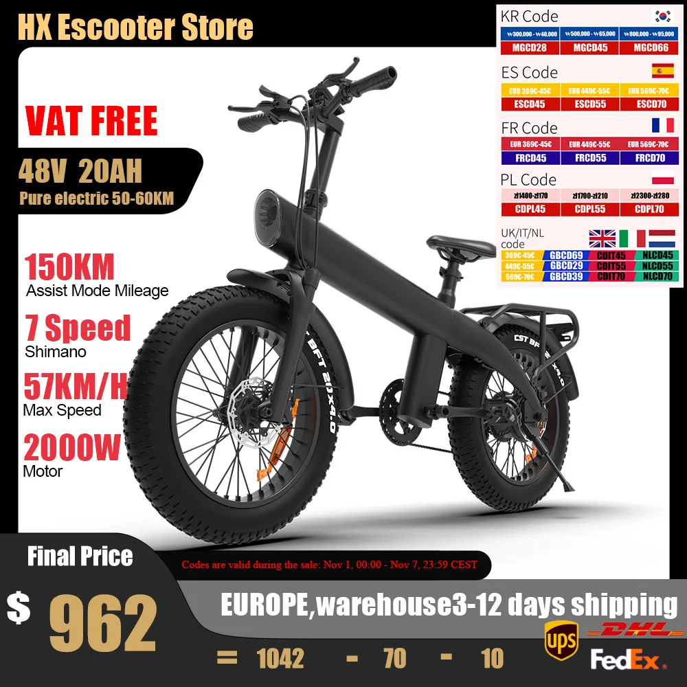 

HX Q3 2000W Adult Electric Bicycle 48V 20A E Bike Removable Battery Foldable Ebike 20 inch fat tire Electric Bike