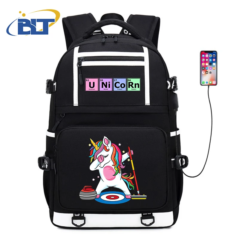 Unicorn Print Student School Bag, mochila preta de grande capacidade, USB Travel Bag, Kids Gift