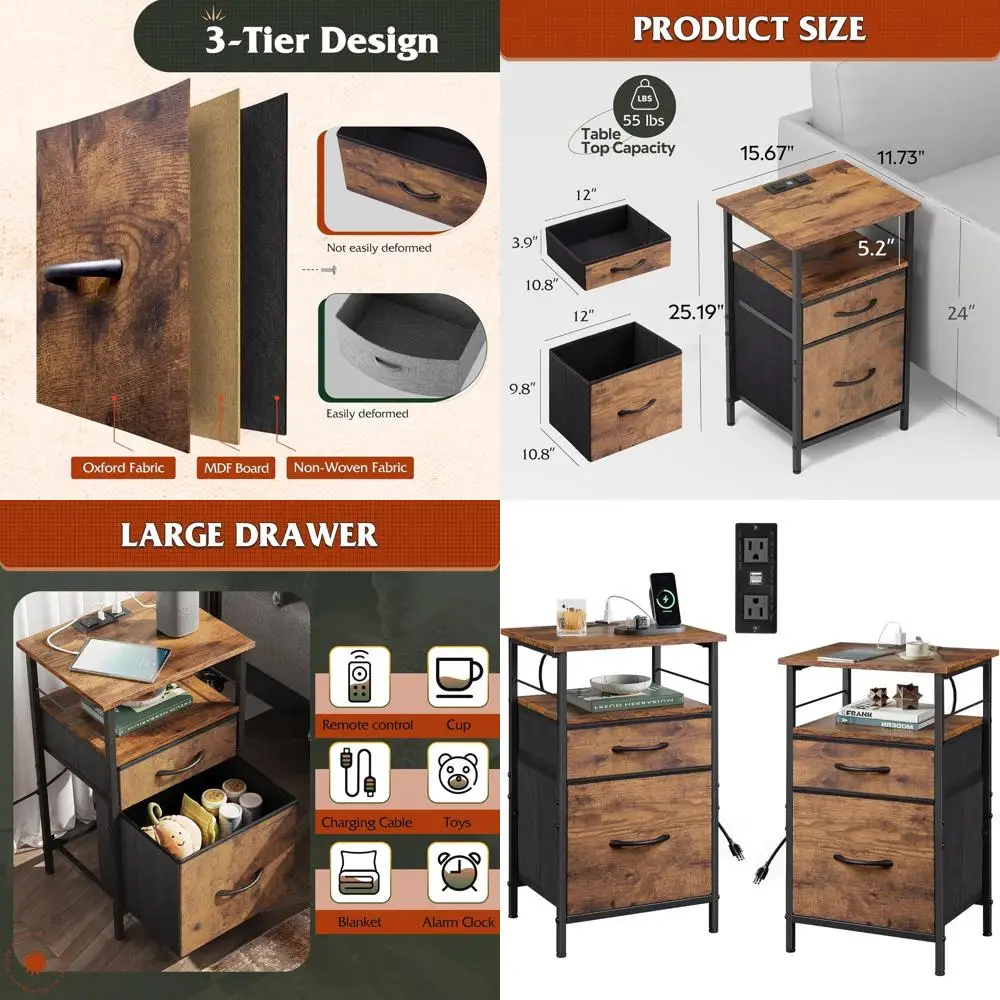 

Rustic Brown Charging Station Nightstand with Fabric Drawers, USB Ports & Outlets for Bedroom