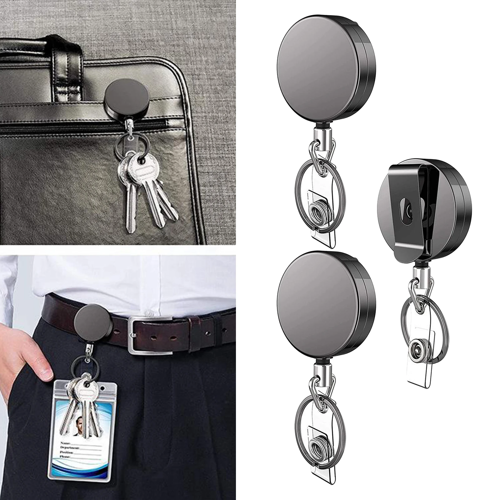 3x Pull Keychain Retractable ID Holder Security Card Identity Clips