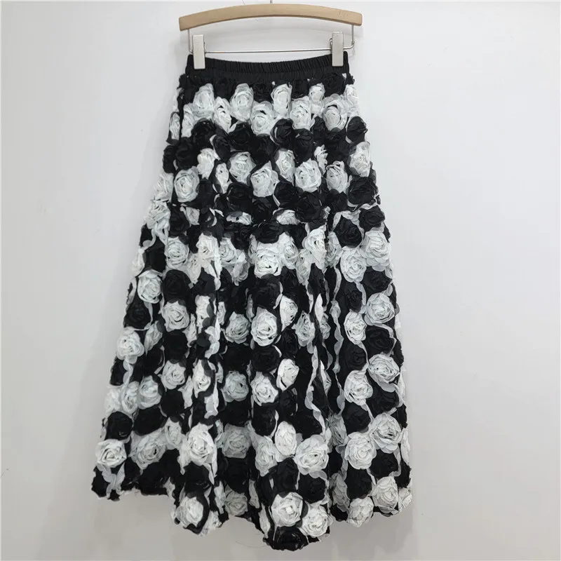 WTHT Trendy Fashion Women's Spliced Contrast Color 3D Flower A-line Long Skirts 2025 Autumn New High Waist Skirt Female 1LS2691