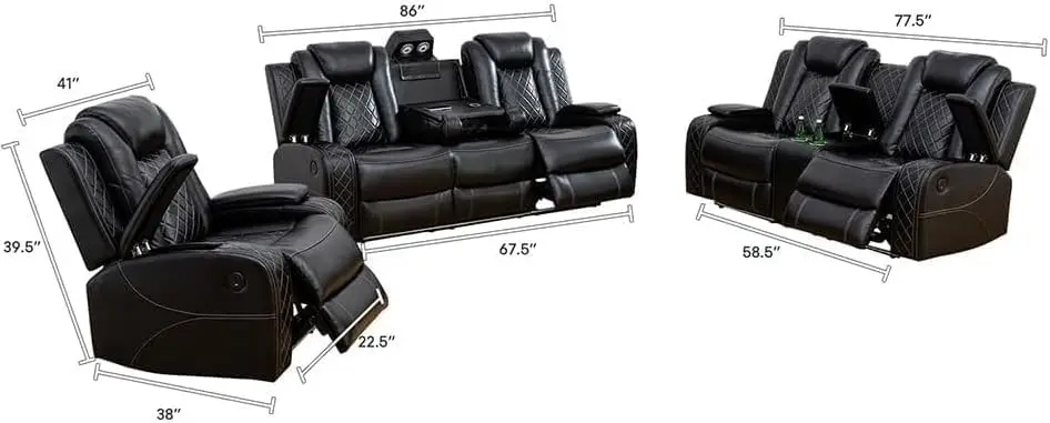 Multifunction Power Recliner Couch Set with LED Light, Storage Console, Cup Holders, USB Charging Port