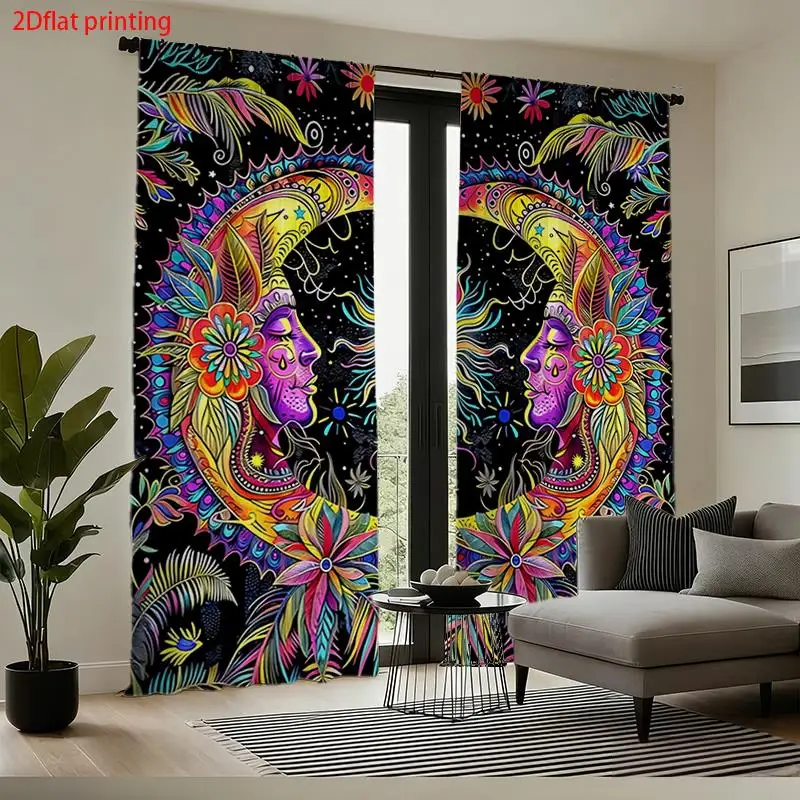 Colorful Psychedelic Boho Goddess Floral Print Window Curtains Vibrant Tropical Art Maximalist Statement Room Decor