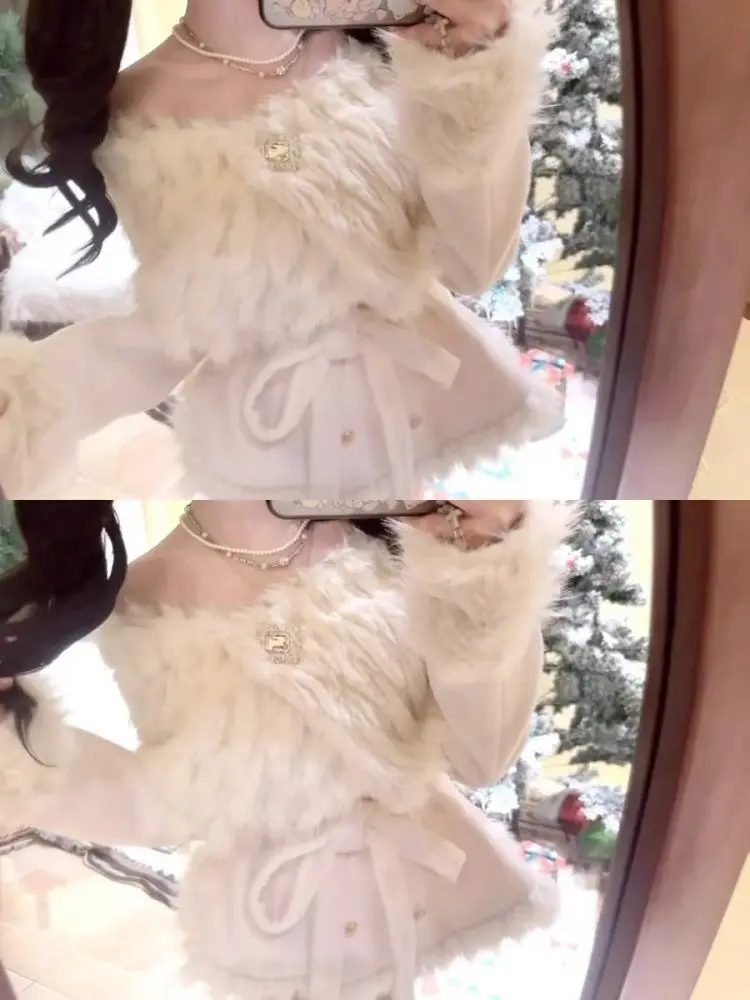 أزياء أنيقة الدافئة 3 قطع مجموعة النساء تصميم هيبورن طويلة الأكمام الدانتيل معطف الوبر اليابانية الحلو رقيقة ضئيلة Kawaii وتتسابق #6