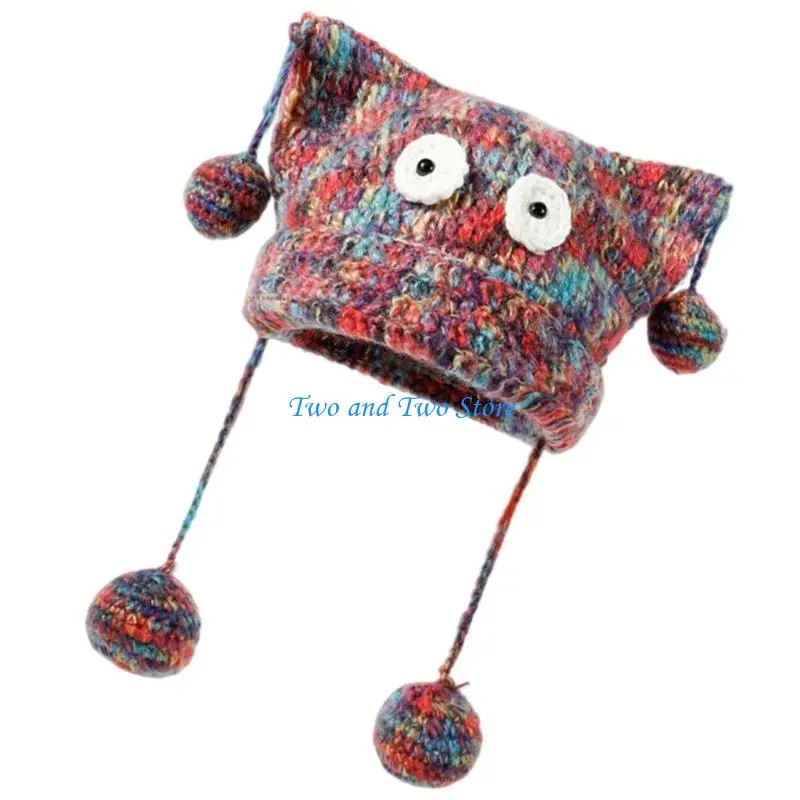 

HX6F Thick Knitted Cats Ear Hat for Winter Street Wear Brimless Hat Autumn Pullover Hat Breathable Skull Caps 2000s Women