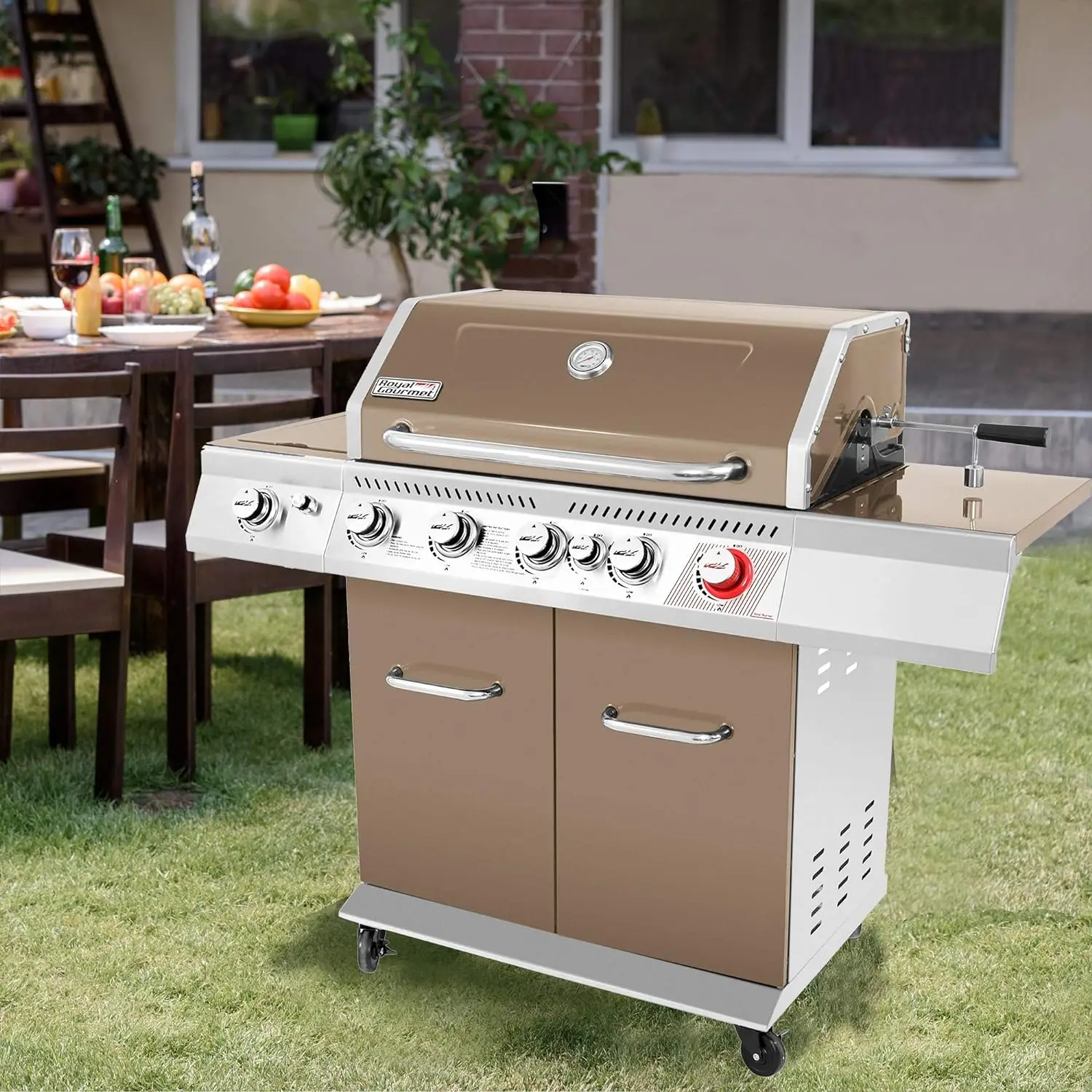 NEW GA5403C 5-Burner BBQ Cabinet Style Propane Gas Grill with Rotisserie Kit, Sear Burner, Rear Burner and Side Burner