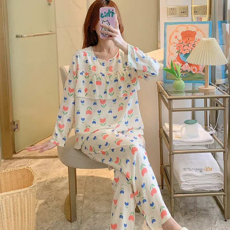 Large Size Viscose Long-sleeved Trousers Women Pajamas Set for Spring Summer Autumn Comfortable Cardigan Tops Ladies Sleepwear