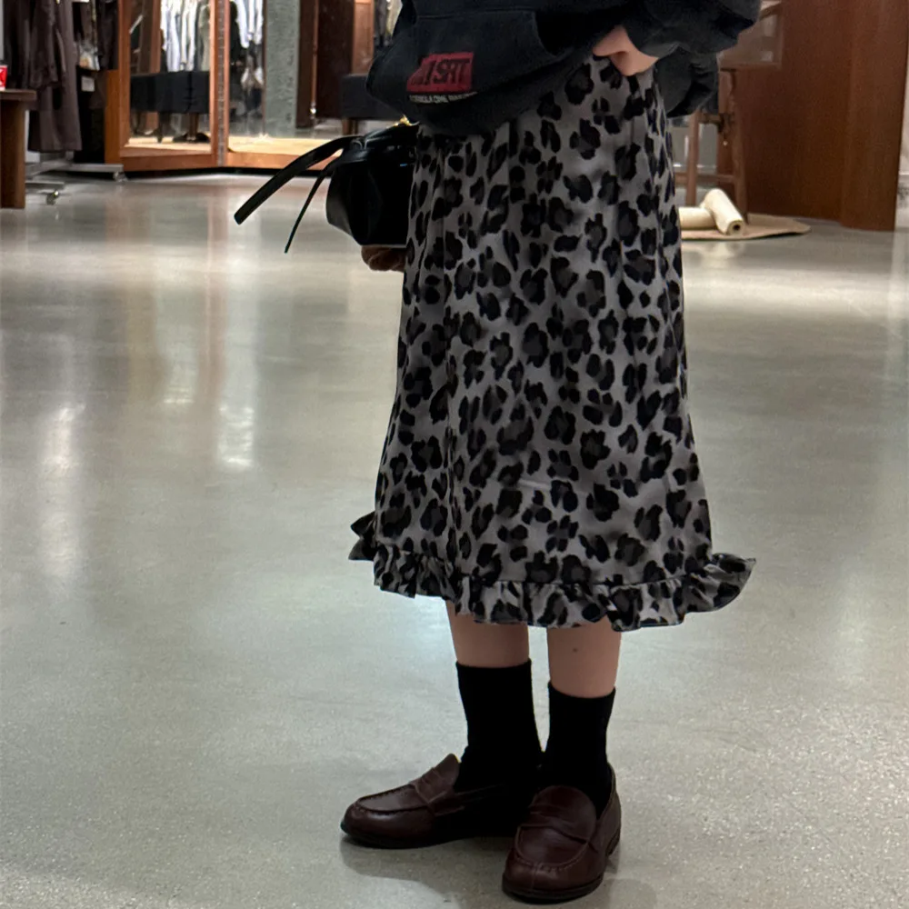 

Girls Autumn Spring Skirt 2025 New Korean Fashionable Vintage Casual Daily Leopard Print Casual Dress Kids All-match Bud Skirt