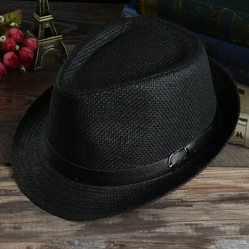 Men\'s Hat Woven Straw Sunshade Hat  Fedora Hat Women Casual Buckle Beach Sun White Wedding Black Belt Fedoras