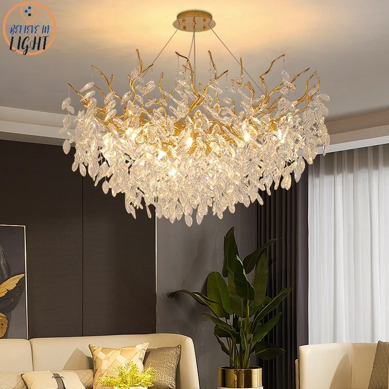 Modern Gold Luxury Crystal Chandeliers for Dining Room Living Room Branch Hanging Lamp Large Lighting Fixture for Hotel Lobby