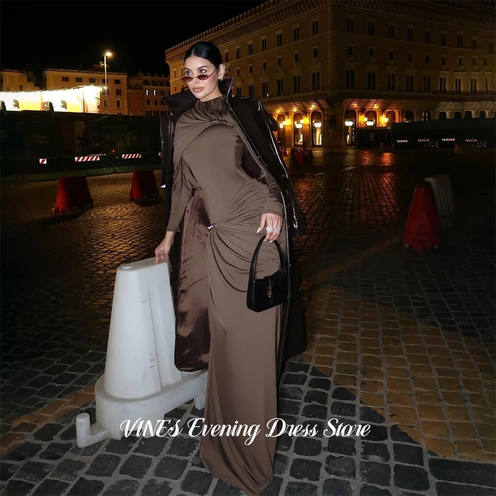 

VINES Mocha Unique Brown Evening Dress Draped O Neck Party Dresses with Long Sleeves Prom Gown Trumpet robes du soir Customized