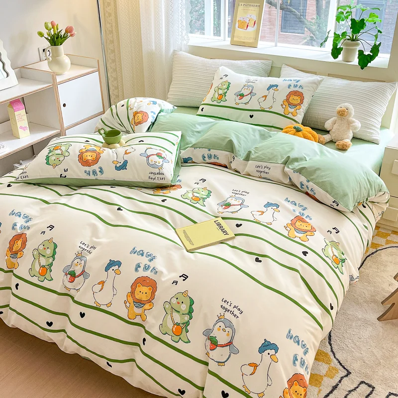 Cartoon Animal Duvet Cover Cotton 3pcs Bedding Set Lovely Duck Lion Dinosaur Quilt Cover Kids Room Comforter Cover 2 Pillowcases