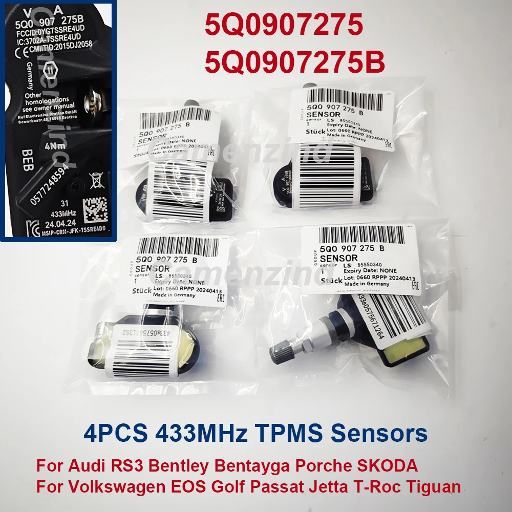 

4 шт., 433 МГц, датчик давления в шинах TPMS 5Q0907275 5Q0907275B 5Q0907275C для Audi RS3 Bentley Porche Volkswagen Beetle Golf Eos