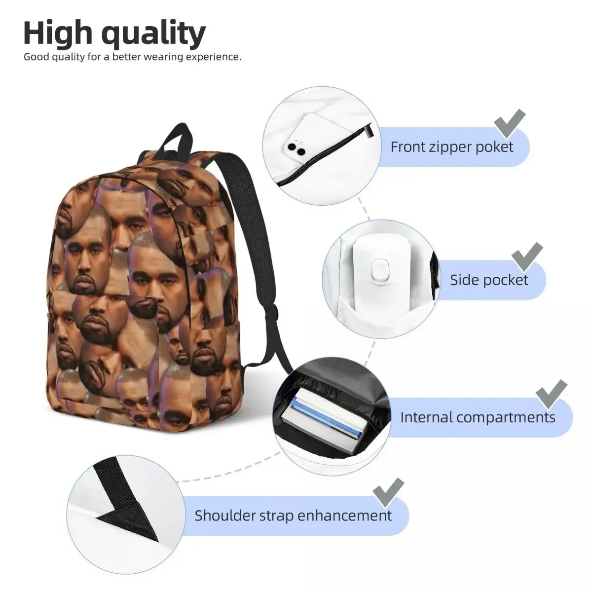 Kanye West Funny Head Backpack for Men Women Teenage Student Business Daypack apper Music Producer Laptop Canvas Bags Gift