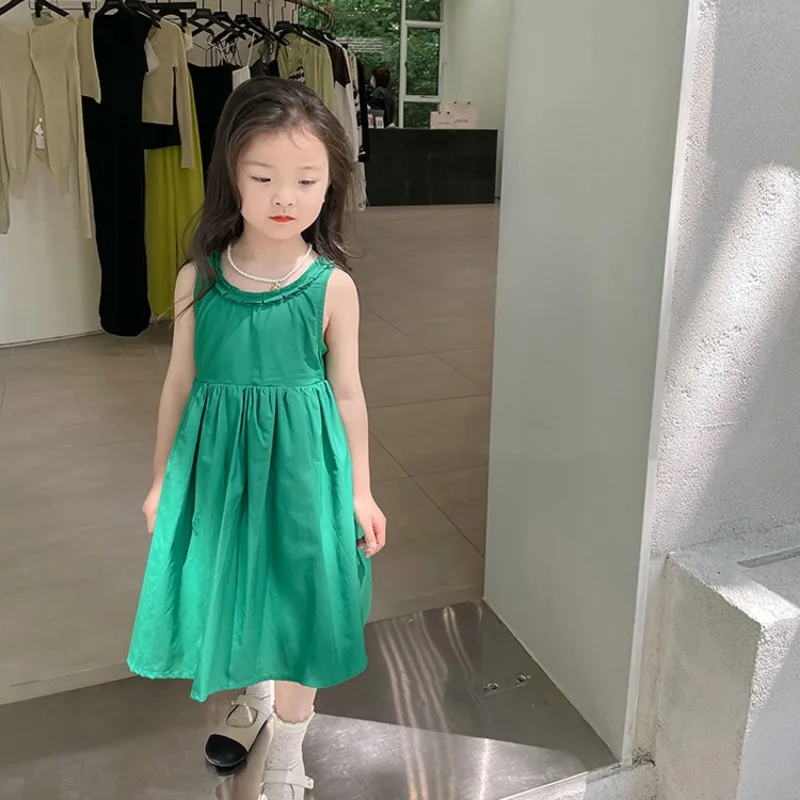 Kids Clothes Green Dress Girls Sweet Princess Green Sleeveless Beautiful Dress Children\'s Dress