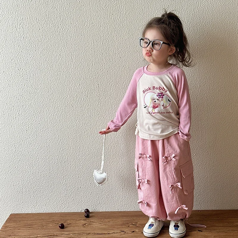 Girls Pants 2024 Autumn New Childrens Clothes Korean Style Girls Baby Foreign Style Loose Cargo Pants Casual Simple Daily image 2