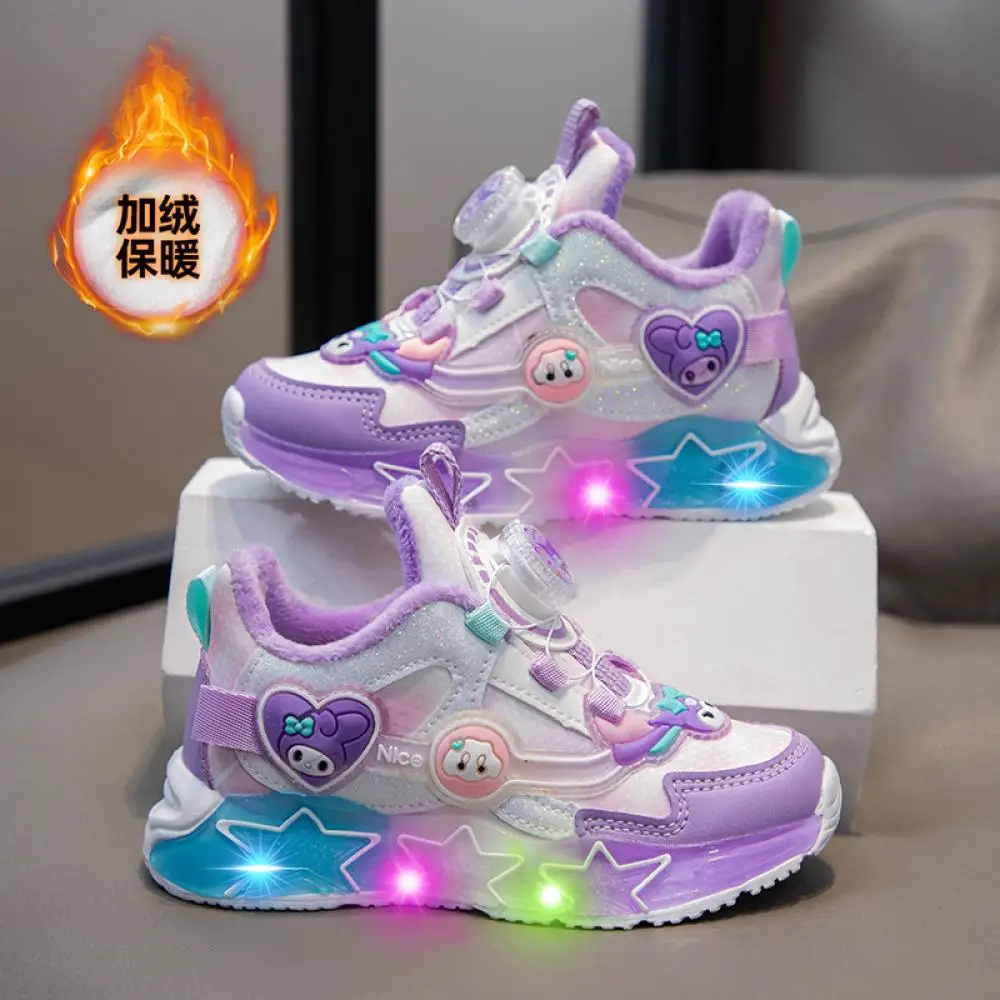 Winter Cartoon Kuromi Melody Girls Casual Sneakers Plush Sanrios Kawaii Light Up Tennis Cute Princess Kids Running Light Shoes