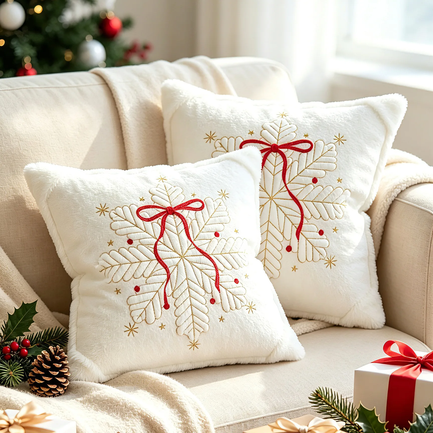 Weihnachtlicher Weißer Kissenbezug mit Gestickten Schneeglocken und Schleifen, Sofadekoration, Kopfkissenbezug – Detail 5