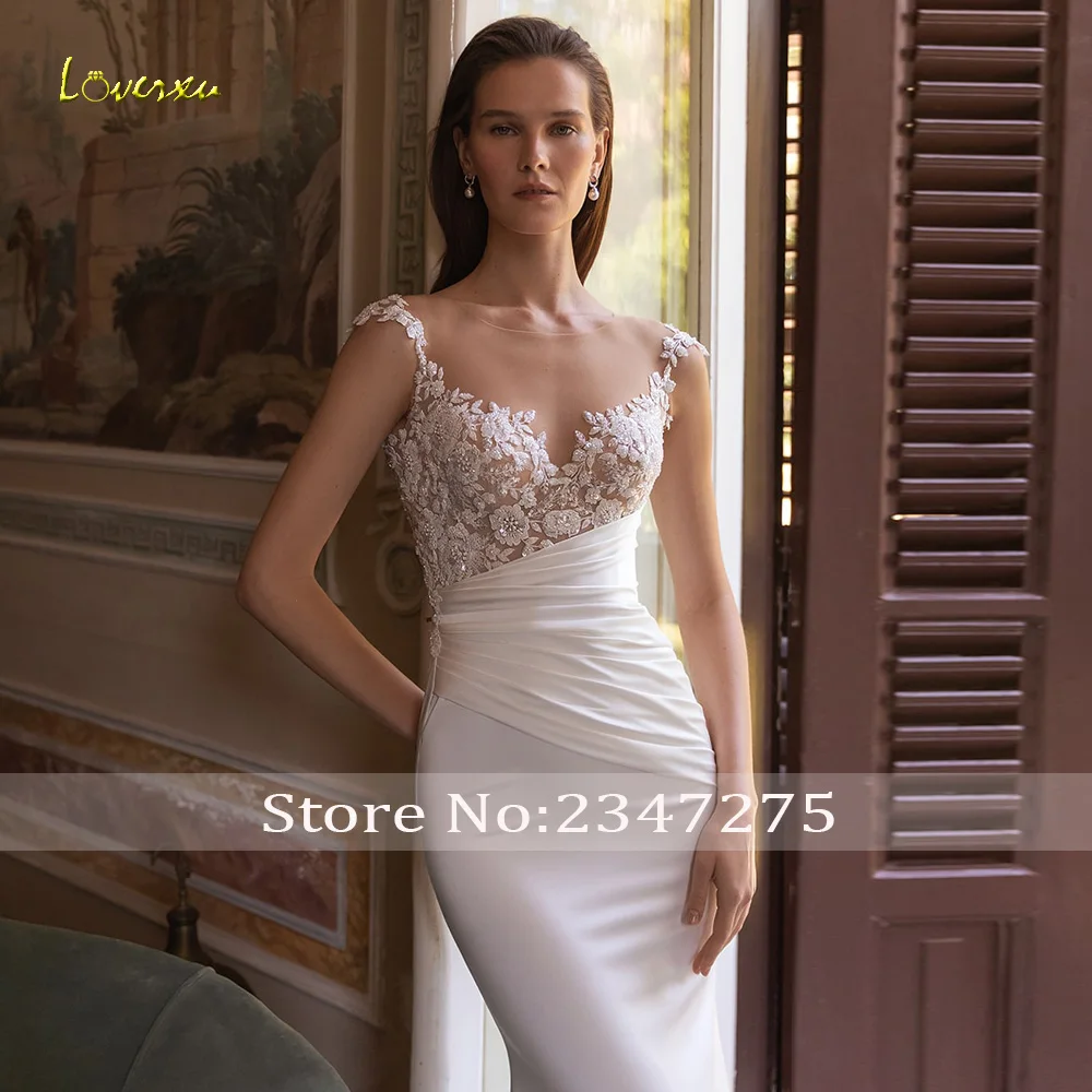 Loverxu gaun pernikahan putri duyung lengan topi O-Neck gaun pengantin buatan khusus Satin applique manik-manik Vestido De Novia