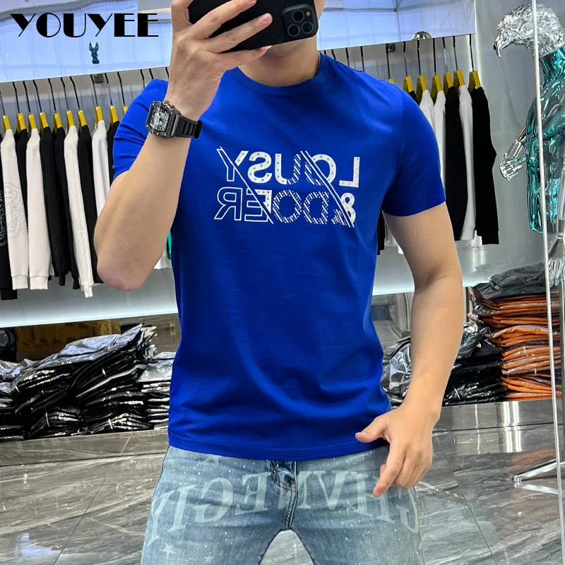 Men\'s Trend T-shirt Letter Printing Slim Fit Round Neck Youth Male Tees 2023 Summer Fashion Causal Versatile Blue Tops Clothing