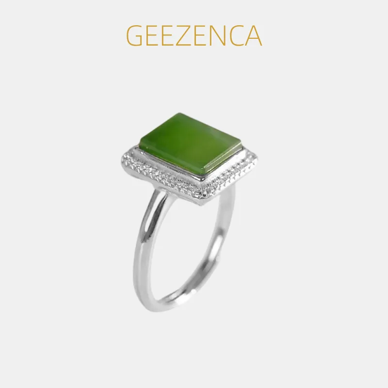 

GEEZENCA 925 Sterling Silver Cubic Zirconia Jasper Square Signet Ring Women Unique Geometric Wide Chunky Adjustable Rings Gift