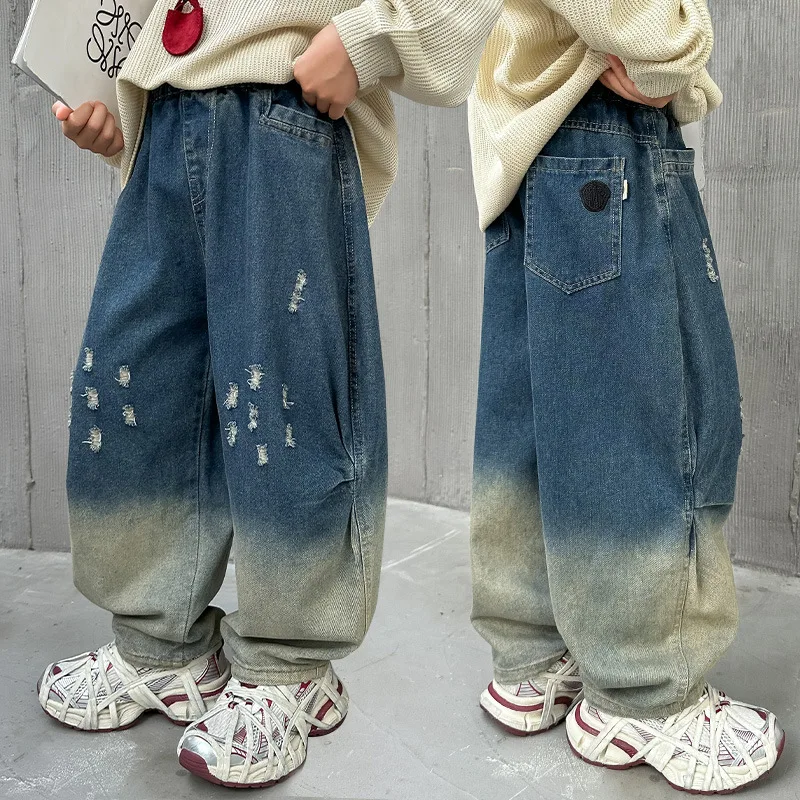 

Boys Jeans 2025 Spring and Autumn New Style for Teenagers Childen Gradient Ripped Jeans Kids Loose Straight Wide-leg Denim Pants