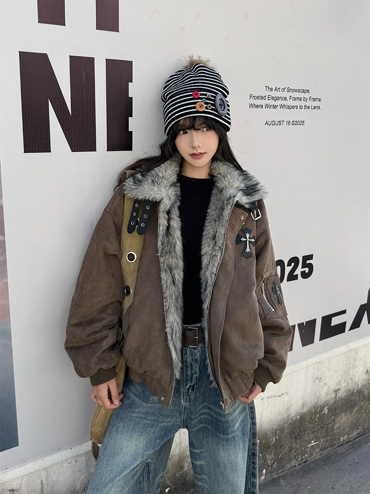 

URKR Gothic Sle Women's Jaet with Fur Collar Cotton Fill Thiened Crossbody Coat Couple Sle American Sle Warmth