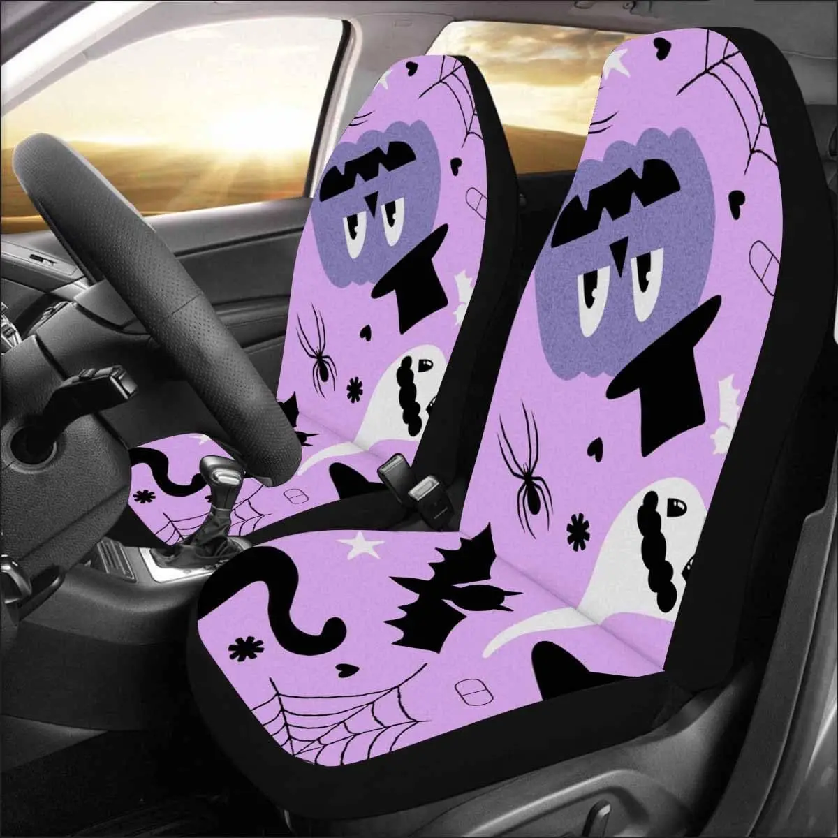 Purple Print Pumpkin Halloween Funny Car Seat Covers Set of 2 Casual Color-ful Cover Set Funny Car Accessories Interior Woman