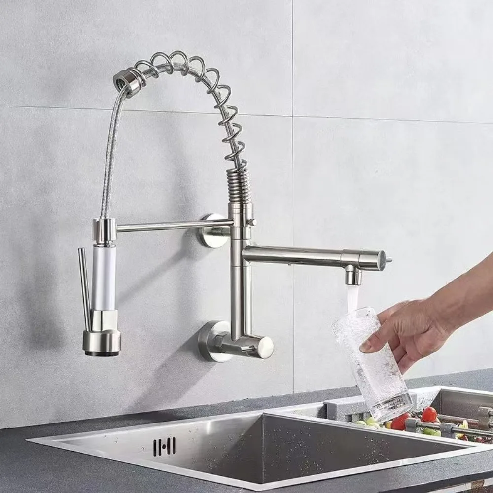304 Stainless Steel Wall Mopping Pool Faucet Single Cooling Spring Kitchen Sink Rotating Horizontal Wall-mounted Faucet