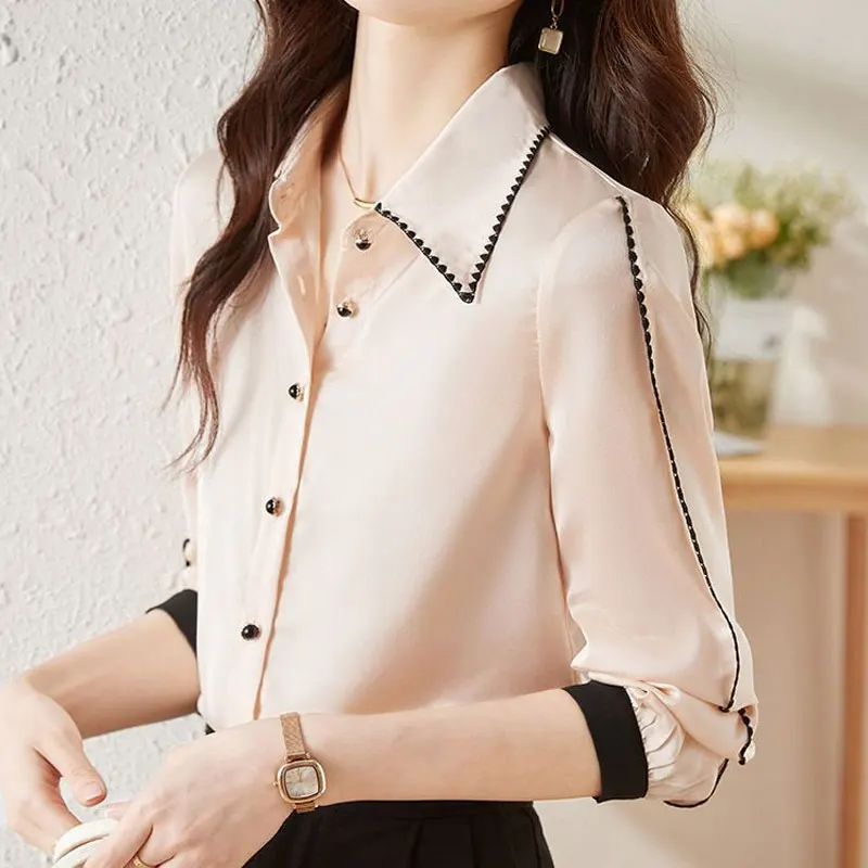 Women\'s Clothing Commute Solid Color Blouse 2024 Spring Autumn Single-breasted Stylish Lapel Korean Bright Line Decoration Shirt