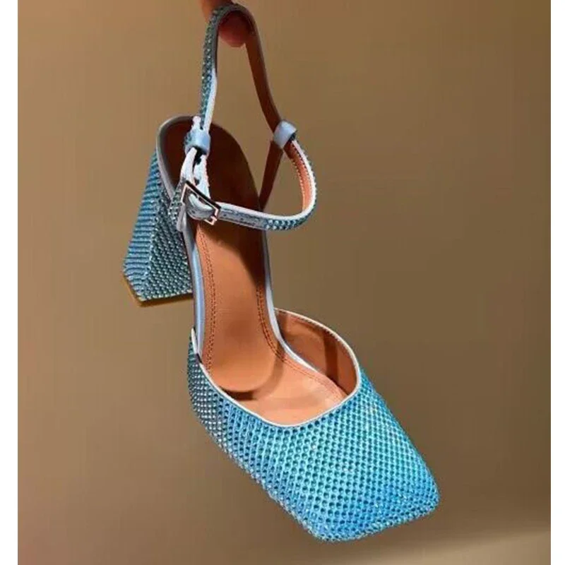 

Rhinestones Square Toe Slingback Thick Heel Sandals Woman Summer 2025 Diamonds One-Strap Hollow High Heels Shoes for Women