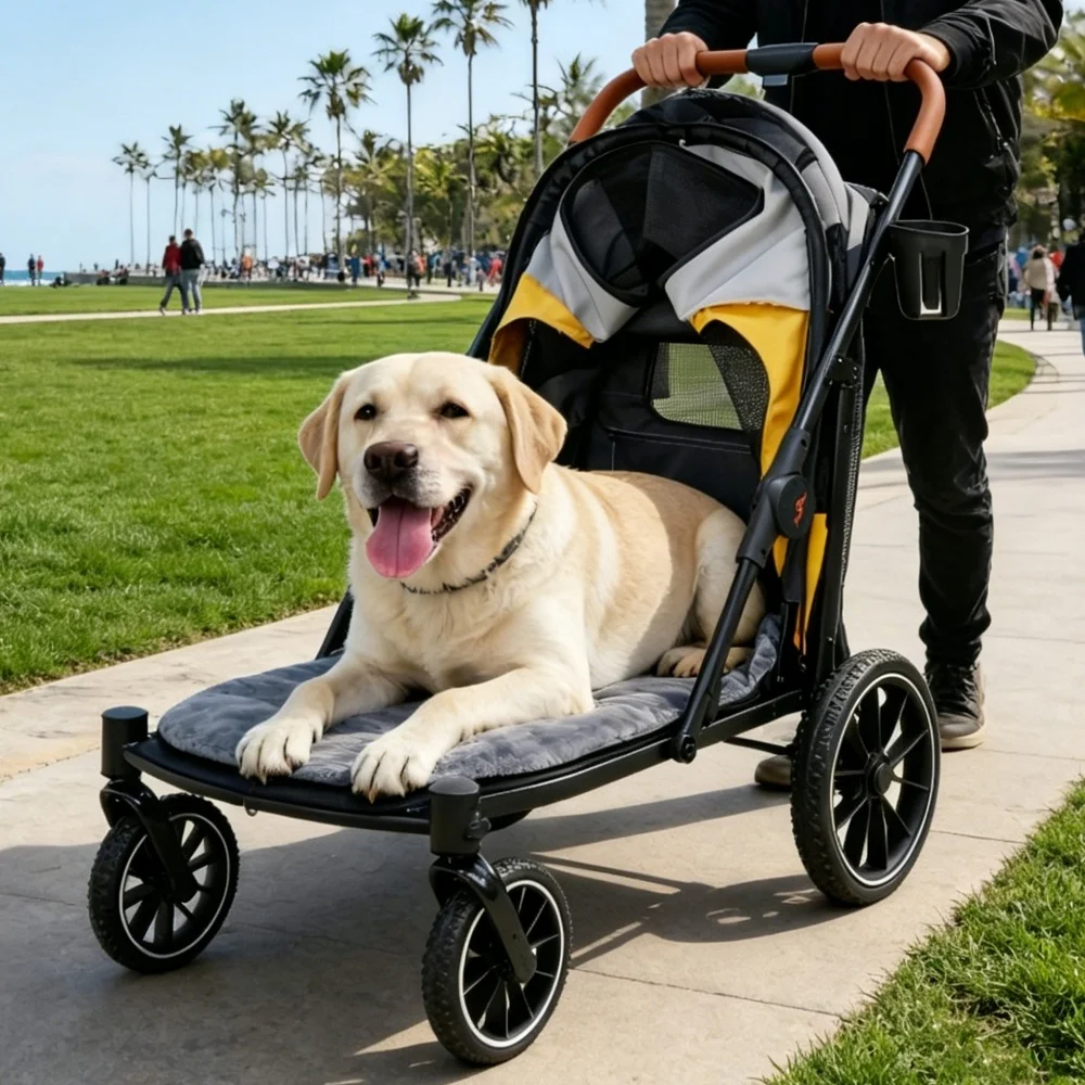 Foldable Pet Dog Stroller Rolling Dog Travel Carrier Pet Stroller Jogger Cart with Removable Cushion and Cup Holder Up to 42kg
