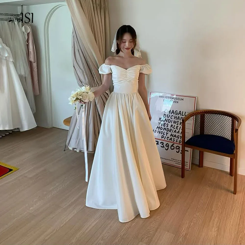 ISI Elegant A-line Off the Shoulder Pleat Wedding Dresses Koreaa Photo shoot Floor Length Quality Satin Bridal Gowns Customized